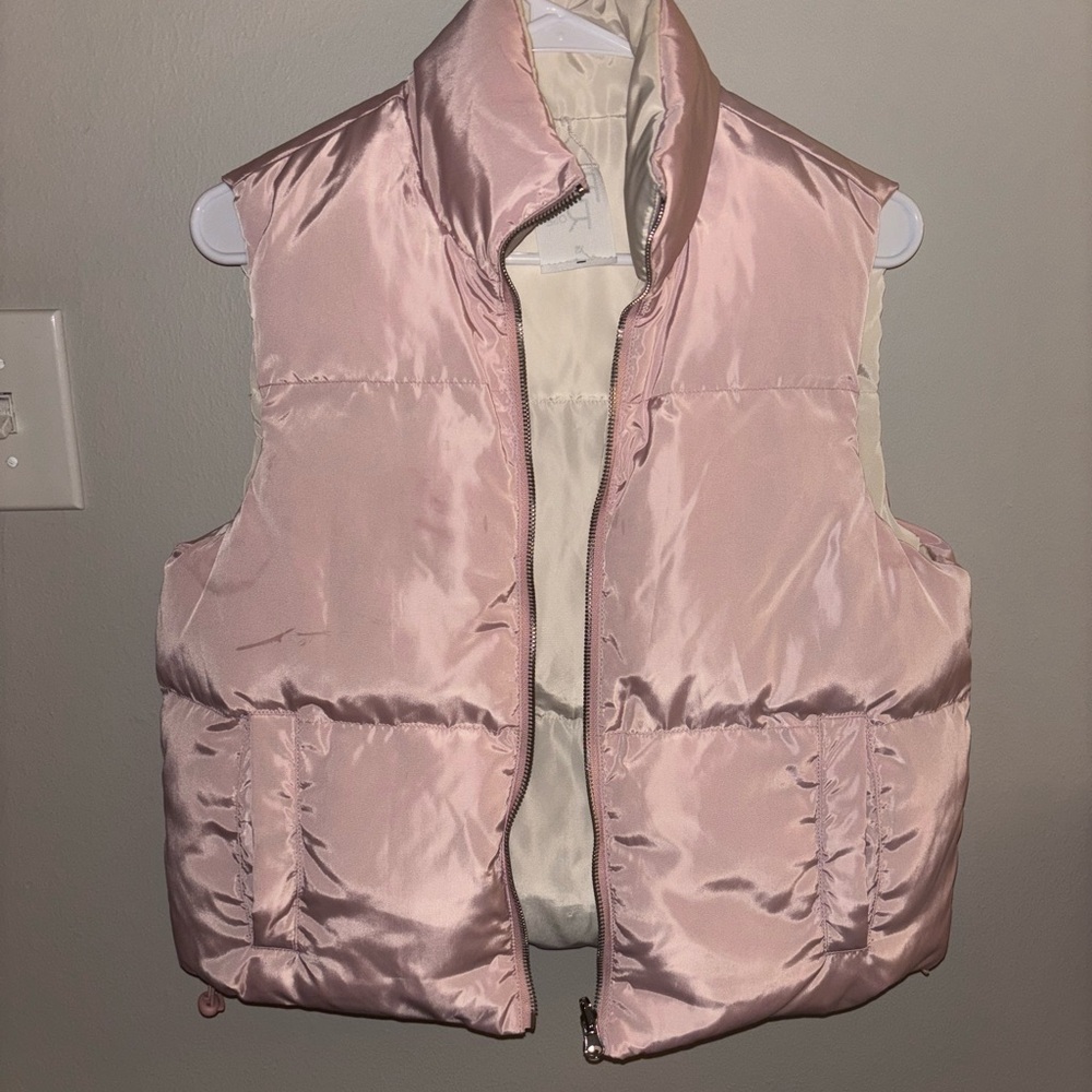Pink And White Reversible Satin Puffer Vest